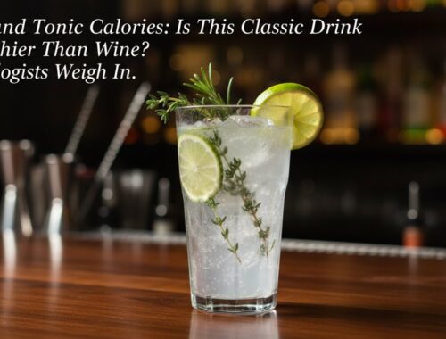 A clear glass of gin and tonic garnished with lime slices and fresh herbs, showcasing a healthy beverage choice with fewer calories than wine at a cozy bar setting.