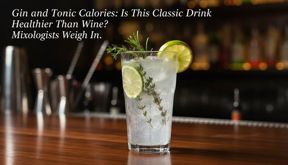 A clear glass of gin and tonic garnished with lime slices and fresh herbs, showcasing a healthy beverage choice with fewer calories than wine at a cozy bar setting.