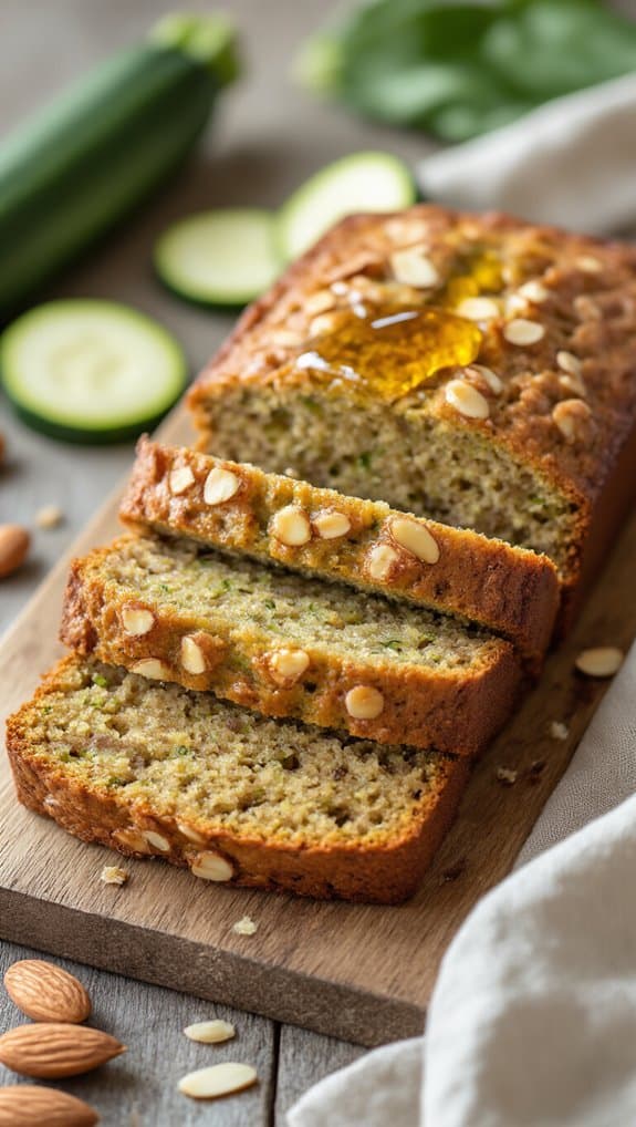 Sweet zucchini bread loaf with almonds, sliced to reveal moist interior, garnished with nuts, and surrounded by fresh zucchini slices, set on a rustic wooden board for healthy baking inspiration.