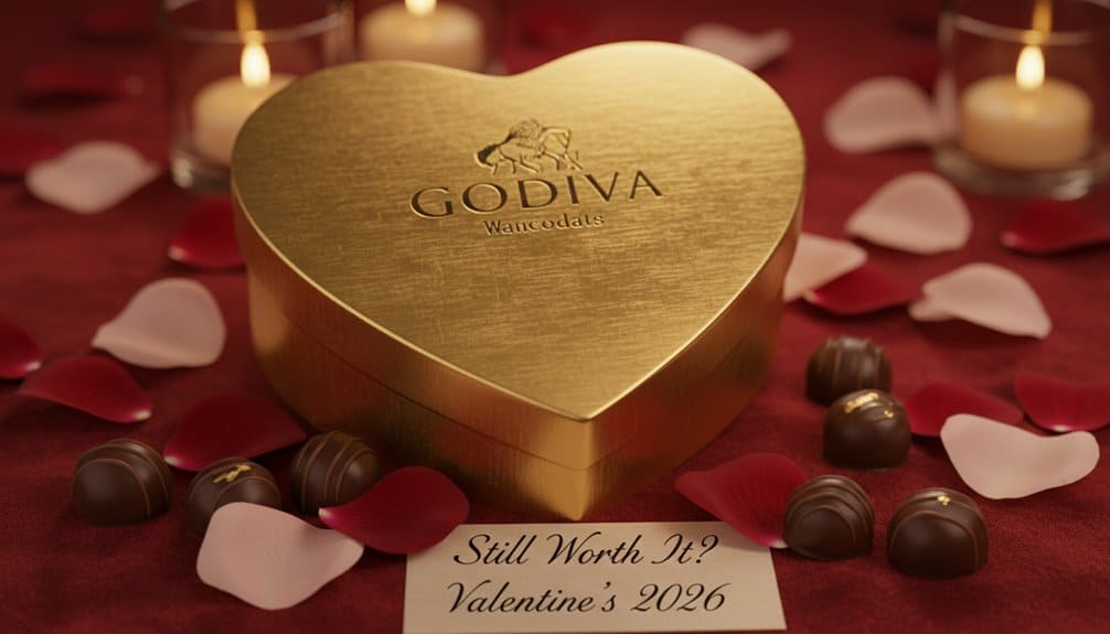 Luxurious gold heart-shaped box of Godiva chocolates surrounded by rose petals and candles, perfect for romantic gifting on Valentine's Day.