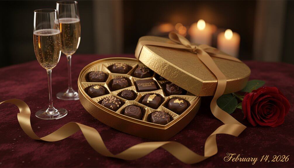 Luxurious heart-shaped box of assorted chocolates and champagne glasses on a romantic Valentine's Day setting with candles and a red rose.
