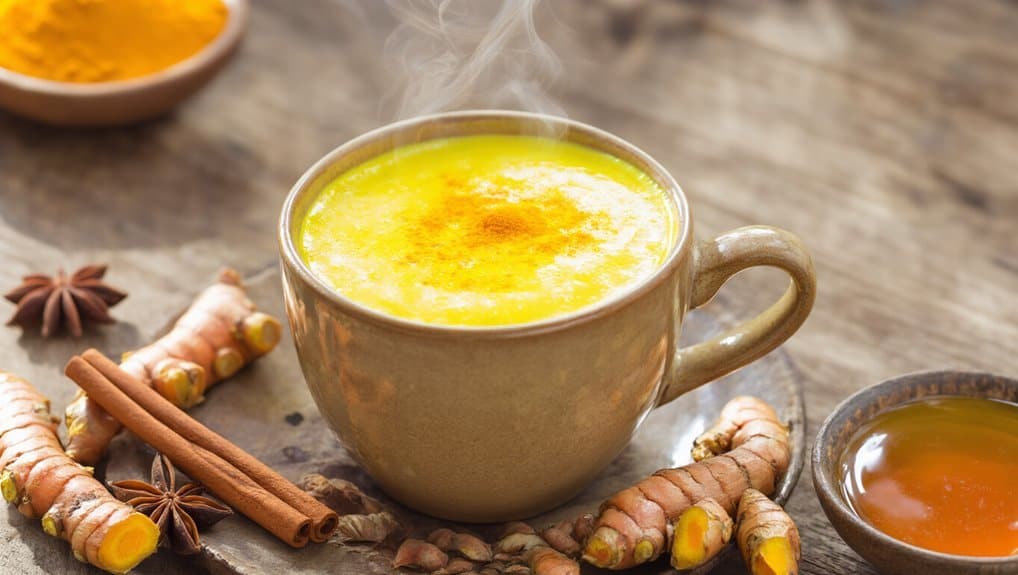 Healthy Drink List: 25 Nutritious Beverages for Every Need 3 Steaming turmeric herbal tea in a rustic mug with fresh turmeric roots, cinnamon sticks, and star anise garnished around, offering health benefits and immune boost, perfect for wellness routines.