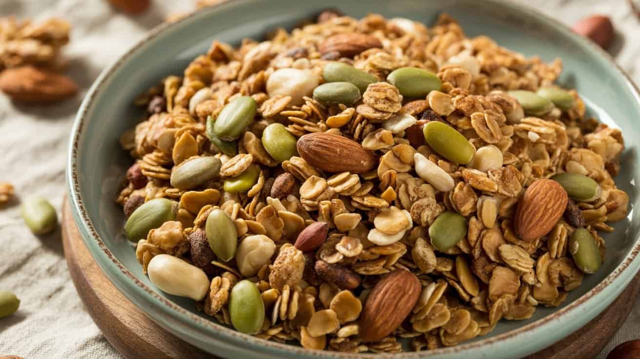 Mixed homemade granola with almonds, pumpkin seeds, and dried fruit on a rustic plate, ideal for healthy snacking or breakfast options.