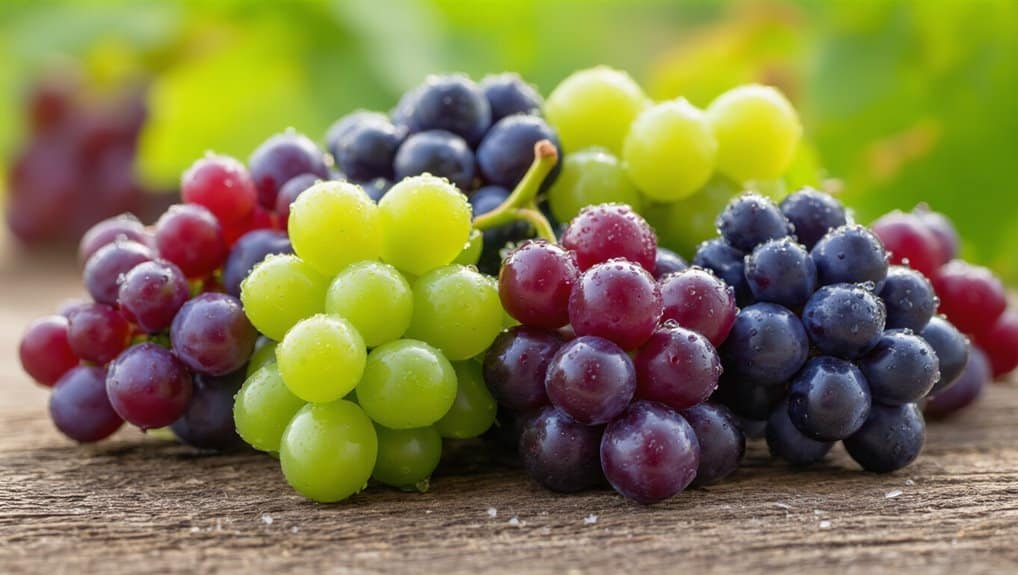 How Many Calories in Grapes? 2 Fresh grapes in green, red, and purple varieties with water droplets, lying on a rustic wooden surface, showcasing healthy snack options and nutritious fruit choices.