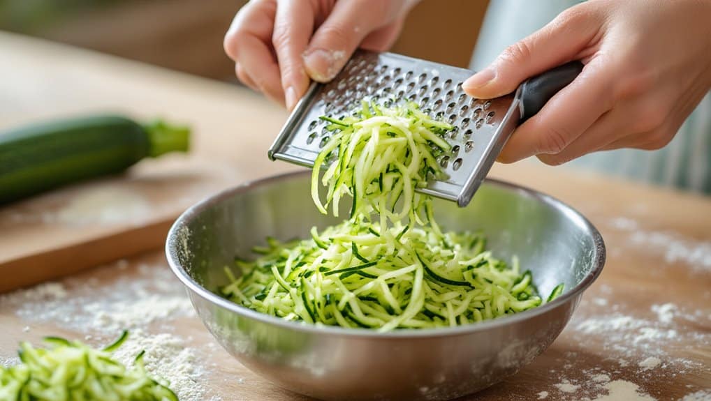 Fresh zucchini noodles being grated into a metal bowl for a healthy meal, emphasizing nutritious food preparation.