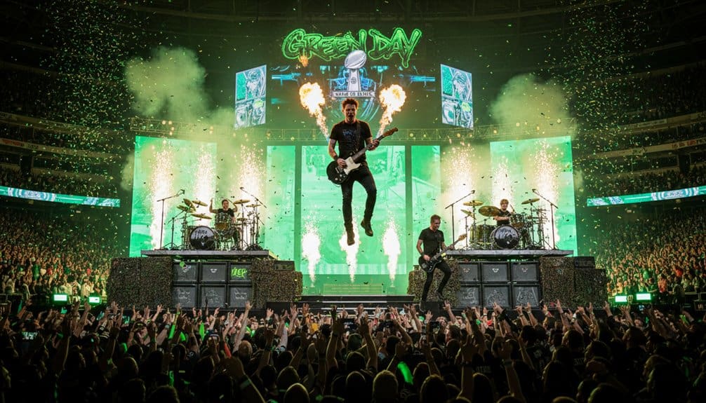 Exciting live concert scene with musicians performing on stage amid neon lights, pyrotechnics, and a large audience enjoying a memorable music event.