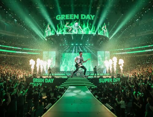 A energetic Green Day performance at a packed stadium with vibrant green lighting, large crowd, and stage effects during Super Bowl event.