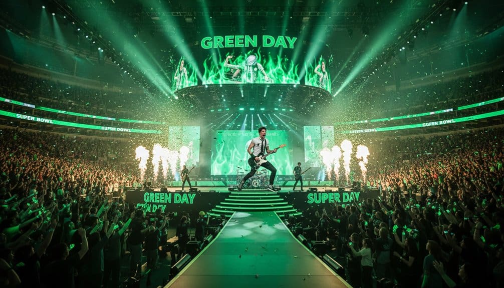 A energetic Green Day performance at a packed stadium with vibrant green lighting, large crowd, and stage effects during Super Bowl event.