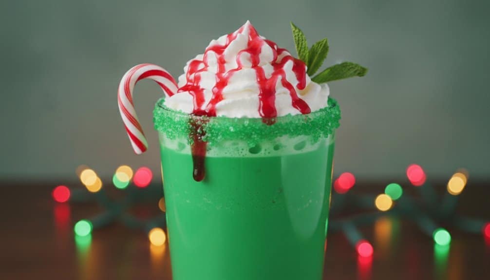 A vibrant green holiday-themed beverage topped with whipped cream, drizzled with red syrup, garnished with a sprig of mint, and served with a candy cane for a festive touch.