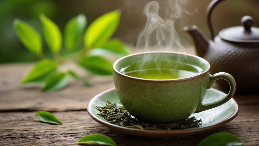 Steaming cup of green tea with fresh leaves and teapot on rustic wooden table, promoting health benefits and relaxation.