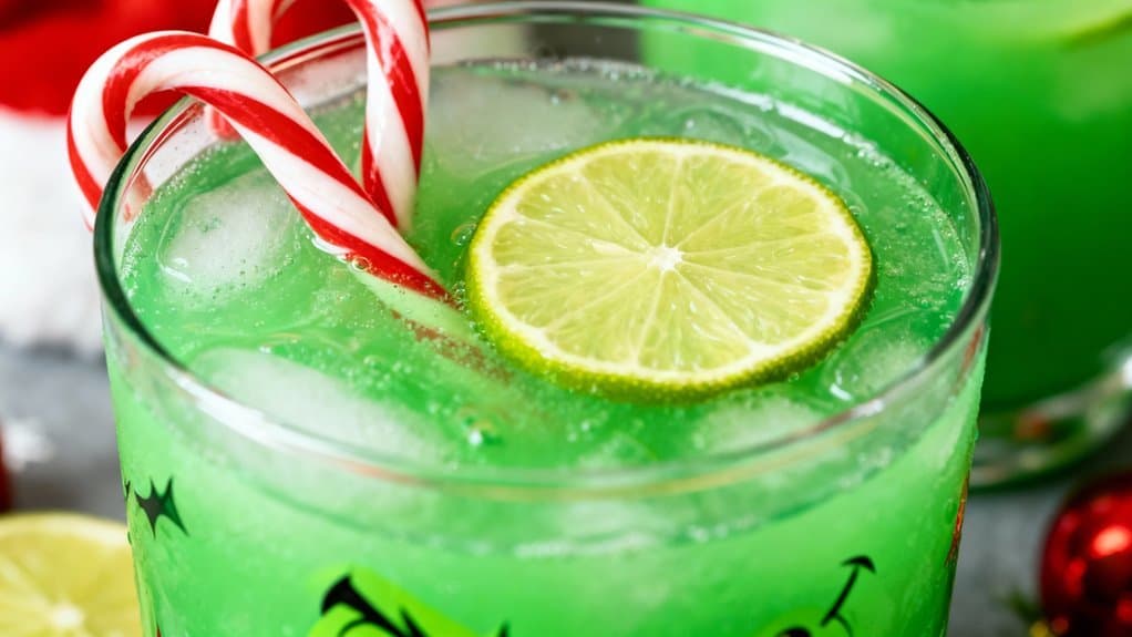 Refreshing holiday-themed green beverage with lime and candy canes.