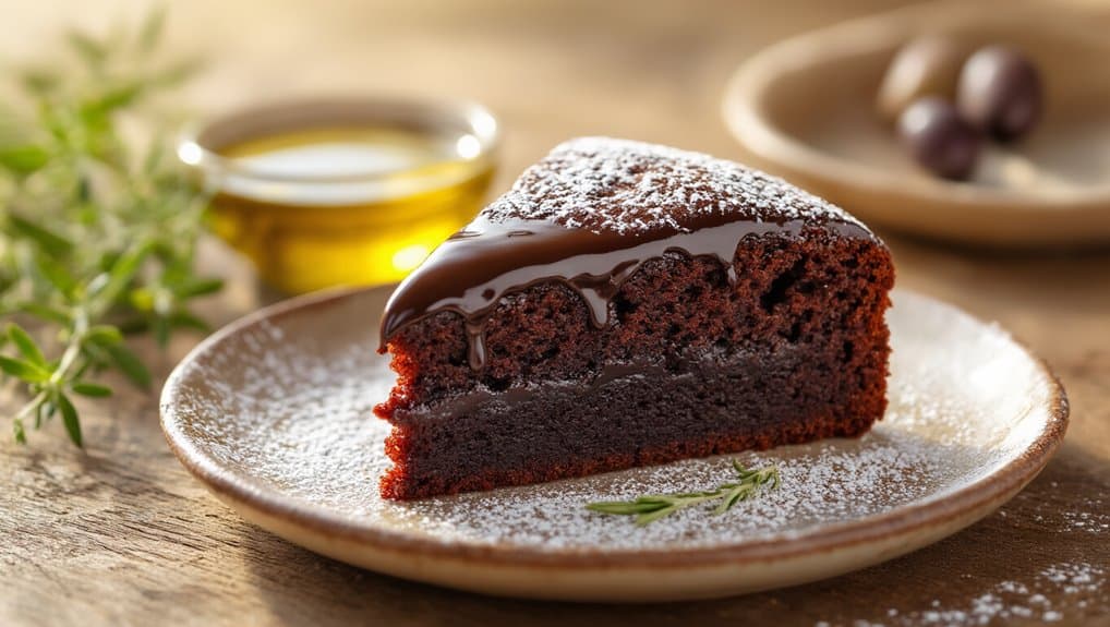 Rich chocolate cake slice topped with chocolate glaze on rustic ceramic plate with powdered sugar, olive oil, and herbs, perfect for dessert, indulgence, and healthy eating tips for a balanced diet.