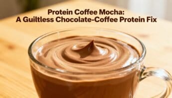 Protein coffee mocha close-up in glass mug, showcasing a creamy, frothy swirl topped with a smooth chocolate mocha, perfect for health-conscious coffee lovers.