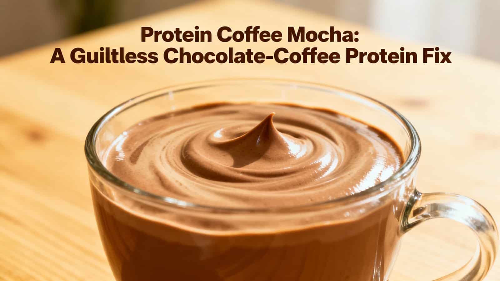 Protein coffee mocha close-up in glass mug, showcasing a creamy, frothy swirl topped with a smooth chocolate mocha, perfect for health-conscious coffee lovers.
