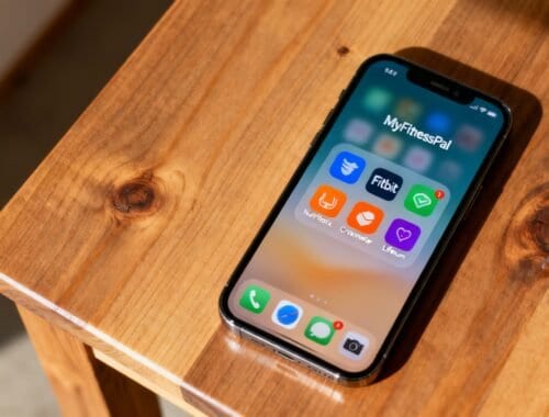 A smartphone displaying popular fitness and health apps like Fitbit, MyFitnessPal, and Liverum placed on a wooden table. The image emphasizes digital tools for health, fitness tracking, and wellness management.