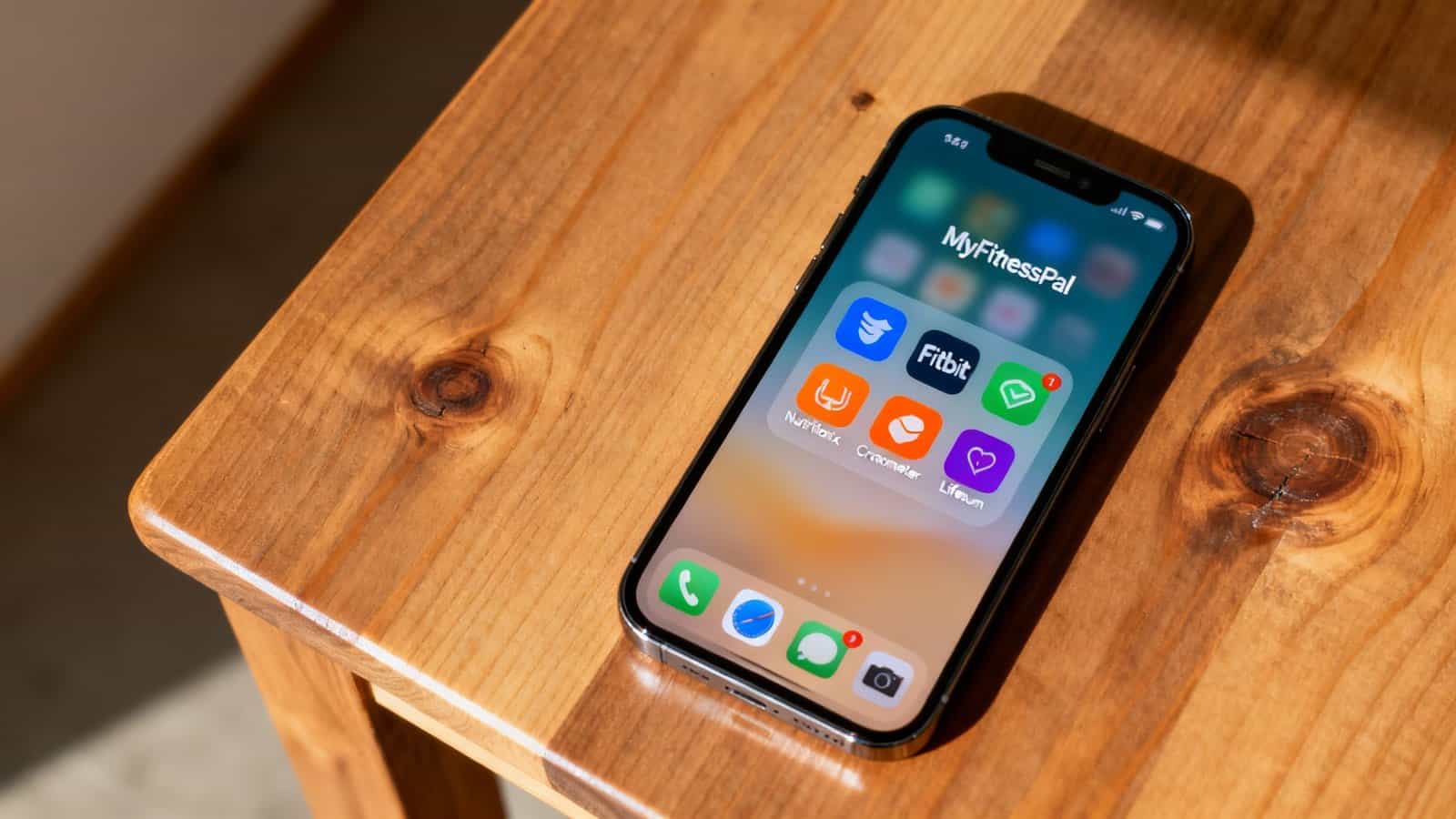 A smartphone displaying popular fitness and health apps like Fitbit, MyFitnessPal, and Liverum placed on a wooden table. The image emphasizes digital tools for health, fitness tracking, and wellness management.
