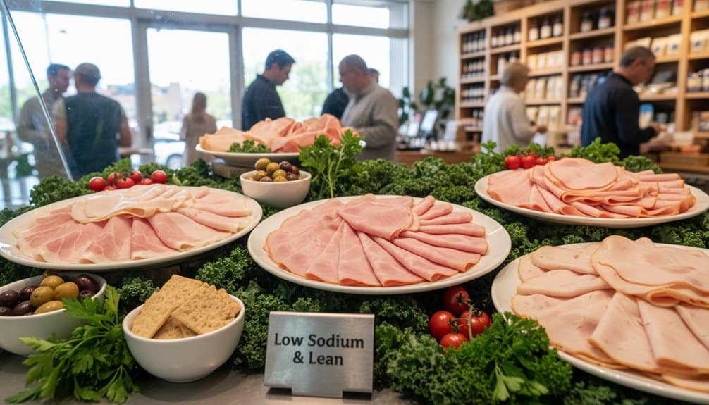 Ham Sandwich Calories: Deli Meat Picks That Cut Sodium and Save Calories at Lunch 2 A variety of thinly sliced deli meats including ham and turkey arranged on white plates, surrounded by fresh herbs, cherry tomatoes, and bowls of olives and crackers, with shoppers in the background.