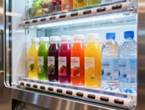 Refreshing fruit and flavored water bottles in a refrigerated display case for healthy hydration options.