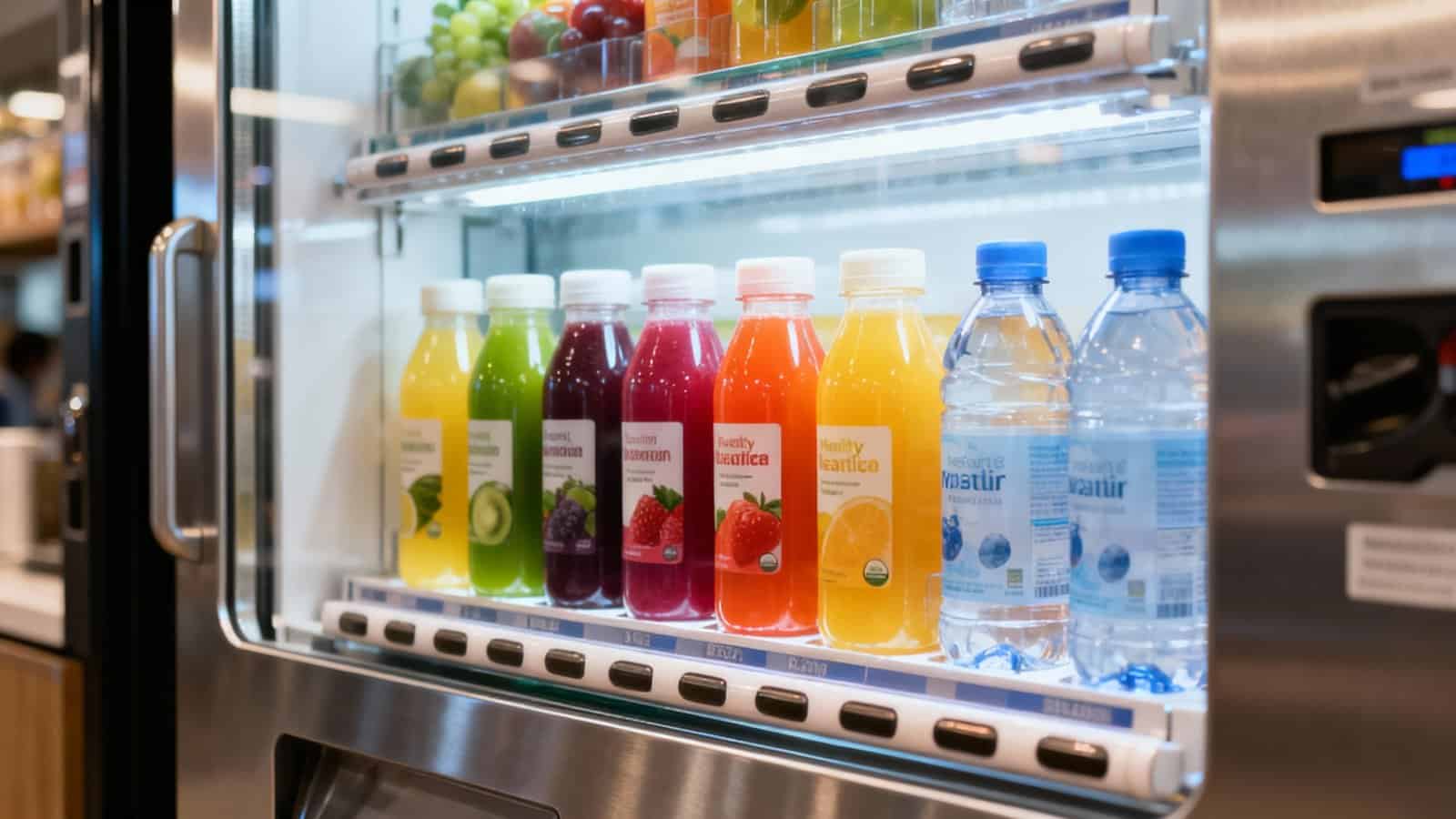 Refreshing fruit and flavored water bottles in a refrigerated display case for healthy hydration options.