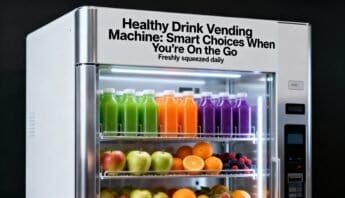 Healthy Drink Vending Machine Smart Choices When You are On the Go 12 Freshly squeezed fruit and vegetable bottles inside a health-conscious vending machine offering smart drink options for on-the-go wellness.