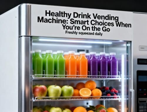 Freshly squeezed fruit and vegetable bottles inside a health-conscious vending machine offering smart drink options for on-the-go wellness.