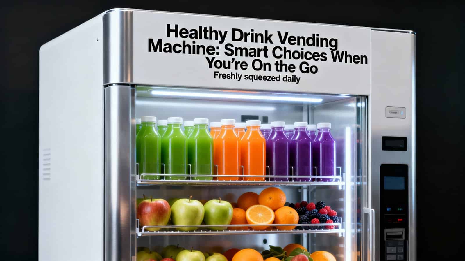 Freshly squeezed fruit and vegetable bottles inside a health-conscious vending machine offering smart drink options for on-the-go wellness.