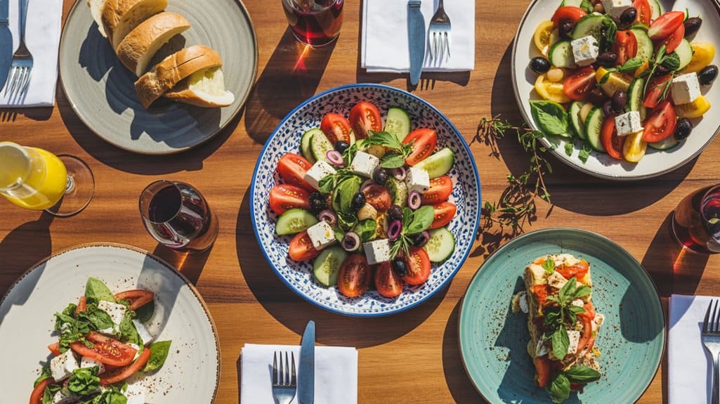 Fresh Greek salad with tomatoes, cucumbers, feta cheese, olives, and herbs served on colorful plates for healthy eating and meal inspiration.