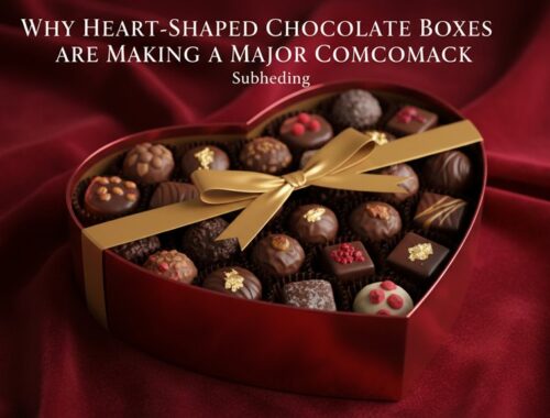 Heart-shaped chocolate box filled with assorted gourmet chocolates, decorated with gold leaf and red sprinkles. Perfect for gifting occasions or indulging in luxury treats.