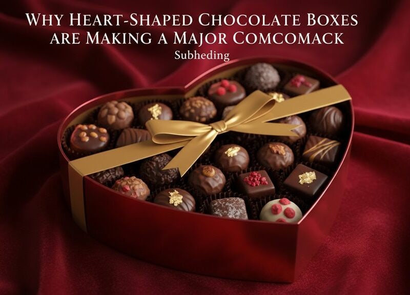 Heart-shaped chocolate box filled with assorted gourmet chocolates, decorated with gold leaf and red sprinkles. Perfect for gifting occasions or indulging in luxury treats.