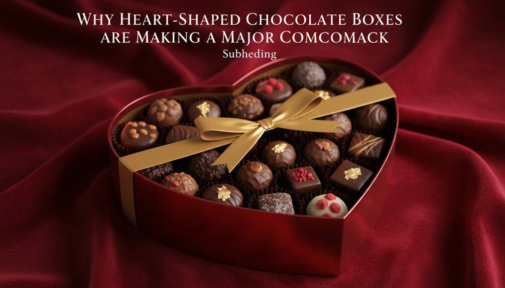 Heart-shaped chocolate box filled with assorted gourmet chocolates, decorated with gold leaf and red sprinkles. Perfect for gifting occasions or indulging in luxury treats.