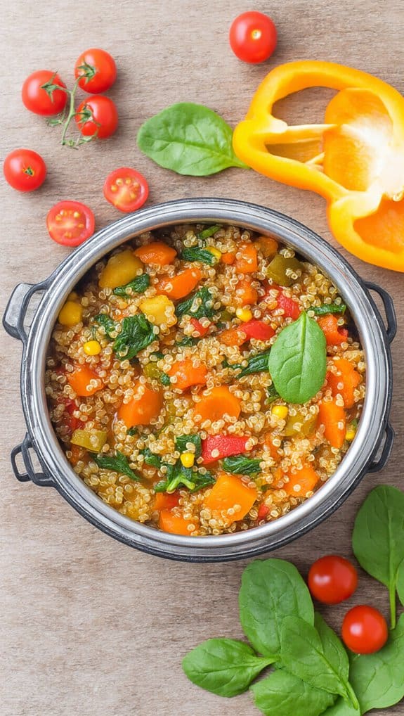 Colorful vegetable quinoa salad in a metal bowl with fresh cherry tomatoes and bell peppers around it, highlighting healthy, nutritious meal options.