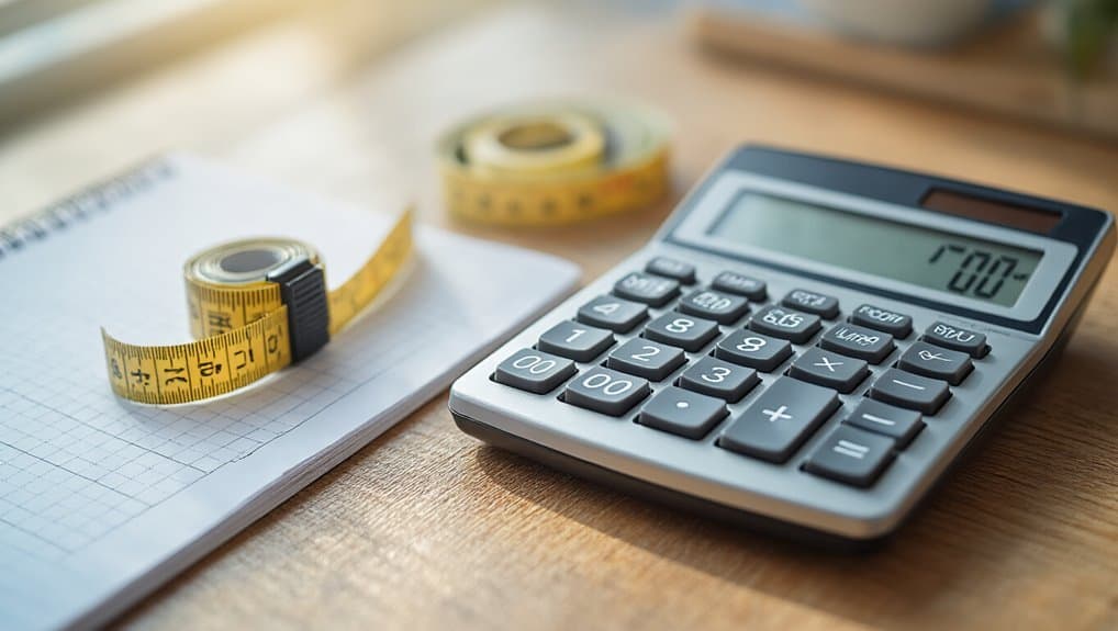 Measuring tape and calculator on wooden desk, promoting fitness tracking and health monitoring tools.