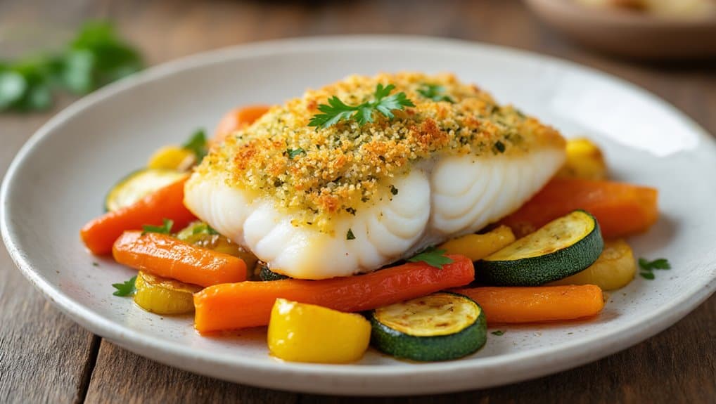 Baked white fish fillet with crispy breadcrumb topping served with roasted zucchini, carrots, and yellow squash on a white plate.