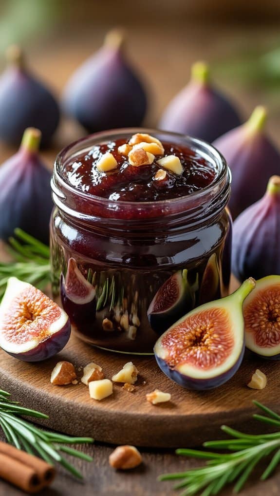 Sweet fig jam in a glass jar with fresh figs and natural ingredients on a wooden board.