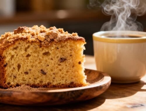 A warm slice of coffee cake with crumb topping next to a steaming cup of black coffee on a wooden table.