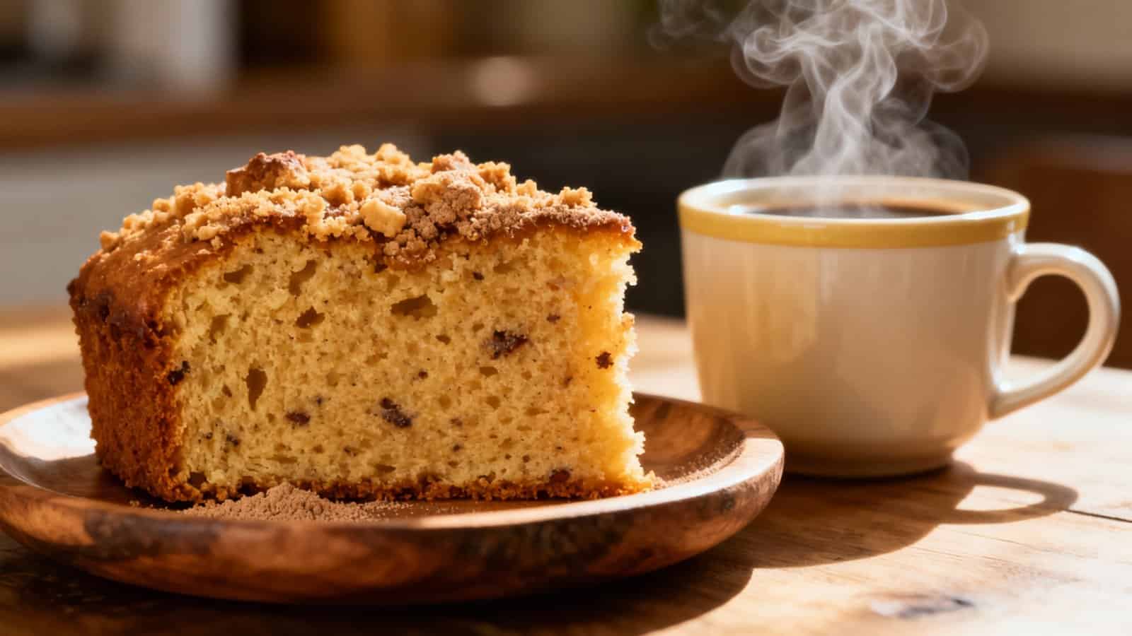 A warm slice of coffee cake with crumb topping next to a steaming cup of black coffee on a wooden table.