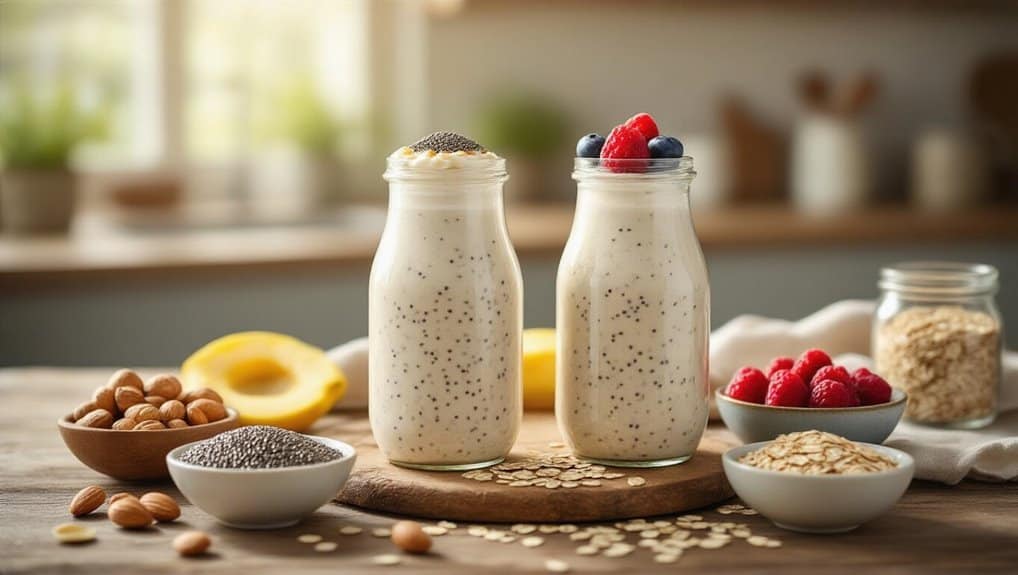 Healthy Drink Snacks Sippable Bites to Keep You Satisfied 3 Creamy smoothies topped with fresh berries and chia seeds, surrounded by healthy ingredients like oats, nuts, and fruit, showcasing nutritious, delicious options for a healthy lifestyle.