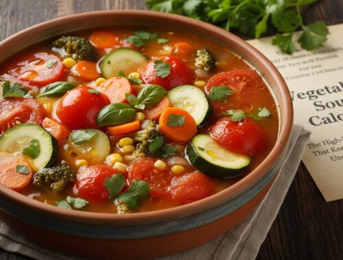 A vibrant bowl of vegetable soup with zucchini, carrots, tomatoes, broccoli, and herbs, perfect for a healthy, low-calorie meal. Ideal for nutritious eating and weight management.