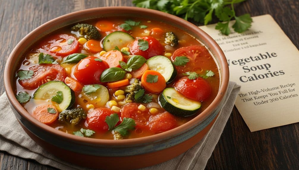 A vibrant bowl of vegetable soup with zucchini, carrots, tomatoes, broccoli, and herbs, perfect for a healthy, low-calorie meal. Ideal for nutritious eating and weight management.