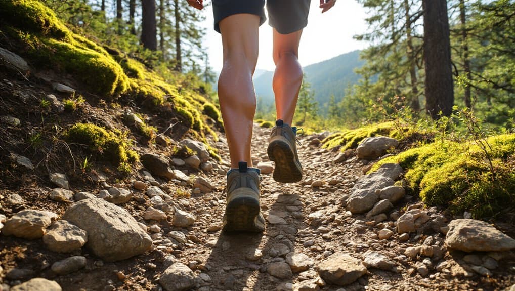 Hiking on a rugged mountain trail surrounded by lush green trees, highlighting outdoor fitness and adventure.