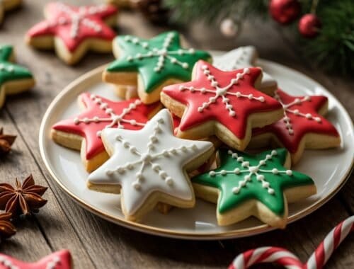 Star-shaped Christmas cookies decorated with red, white, and green icing on a festive wooden table with holiday accents.