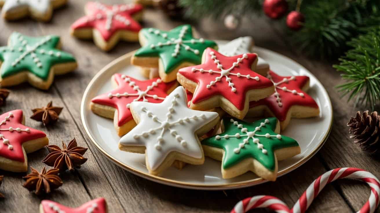 Christmas Cookies Recipes 1 Star-shaped Christmas cookies decorated with red, white, and green icing on a festive wooden table with holiday accents.