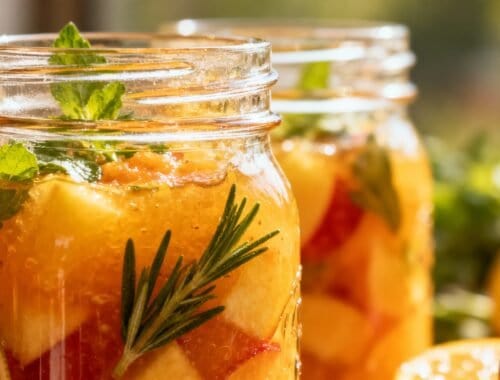 Fresh homemade peach and herb infused water in glass jars, featuring peaches, mint, and rosemary, designed for healthy hydration and wellness.