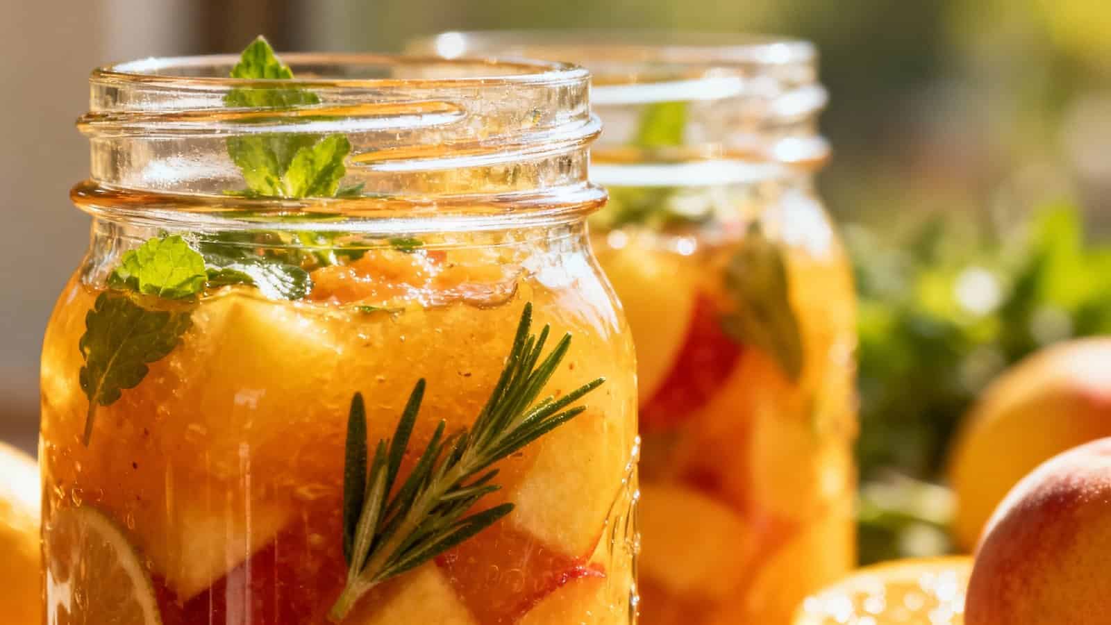 Fresh homemade peach and herb infused water in glass jars, featuring peaches, mint, and rosemary, designed for healthy hydration and wellness.