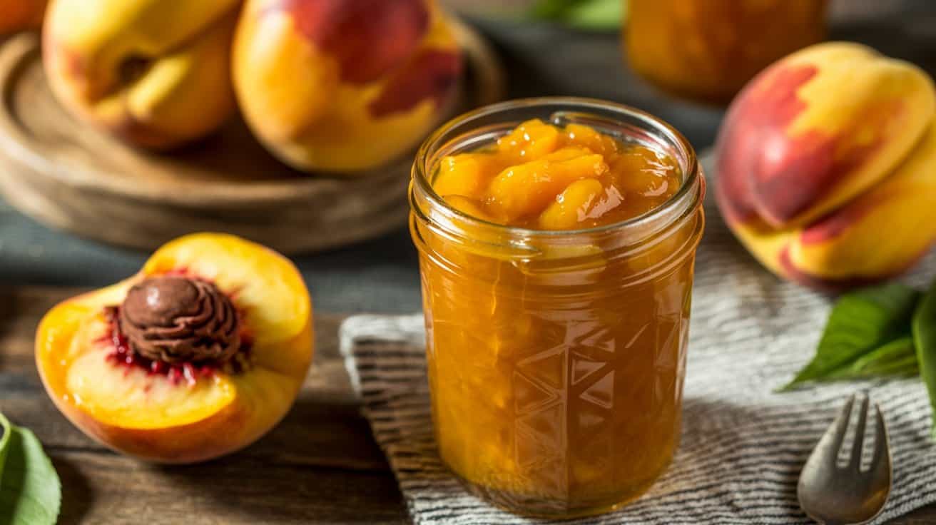 Fresh peach preserves in a jar surrounded by ripe, colorful peaches on a rustic wooden table. Perfect for health-conscious eating and homemade fruit spreads.