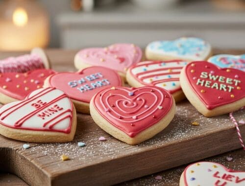 Colorful decorated heart-shaped Valentines cookies on a wooden board, featuring words like "Be Mine," "Sweet Heart," and "Love," perfect for celebrating love and affection on special occasions.