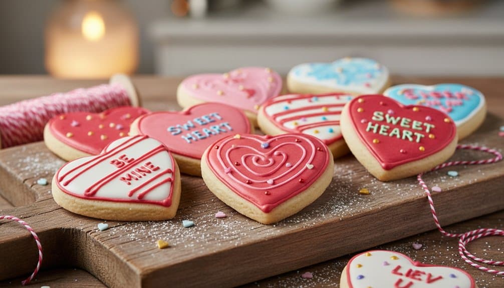 Colorful decorated heart-shaped Valentines cookies on a wooden board, featuring words like "Be Mine," "Sweet Heart," and "Love," perfect for celebrating love and affection on special occasions.
