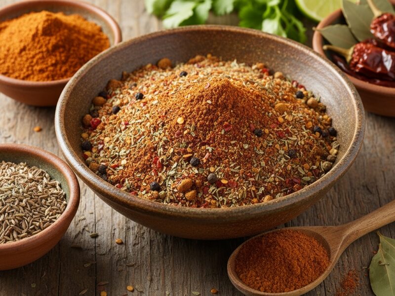 A bowl of colorful chili spice blend with various herbs and dried chili peppers on a rustic wooden surface.