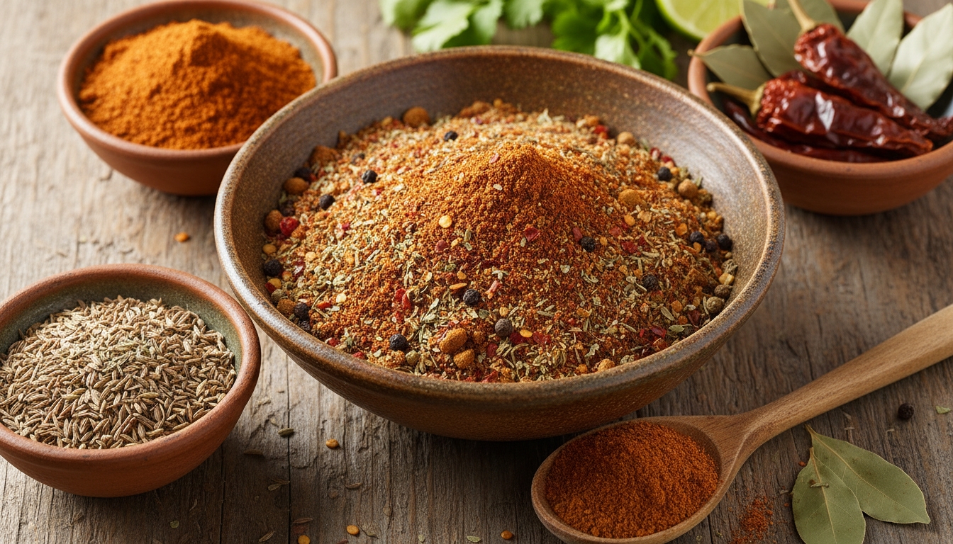 A bowl of colorful chili spice blend with various herbs and dried chili peppers on a rustic wooden surface.