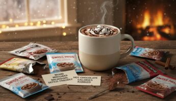 Delicious hot chocolate topped with marshmallows on a rustic wooden table with cozy fireplace background, surrounded by various hot chocolate mix packets for a comforting winter treat.